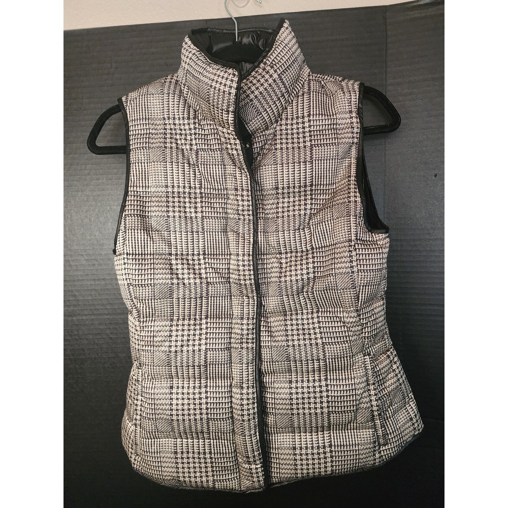 Banana Republic Glen Plaid Puffer Vest Down Fill Black White XS RN 54023